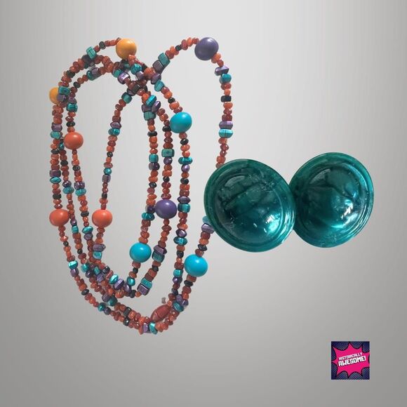 80s Vintage Autumn Harvest Jewelry Set - Boho Earrings Long-Beaded Necklace NIB - Picture 2 of 6